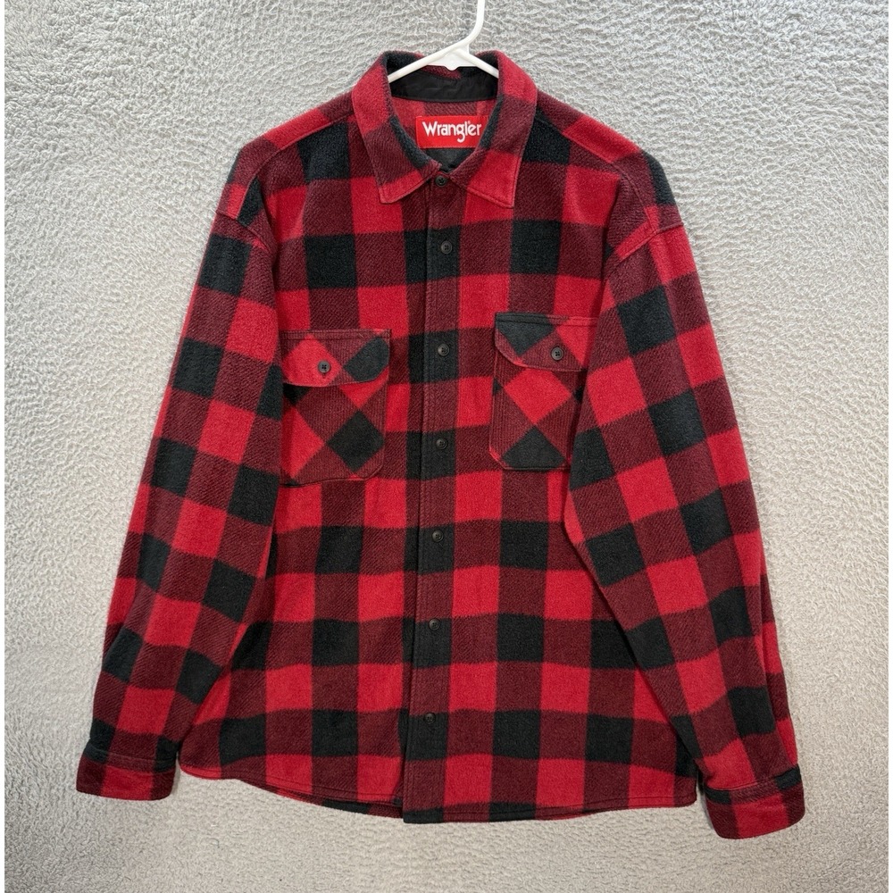 Wrangler Shirt Adult Medium Red Black Check Fleece Flannel Workwear Chore Mens